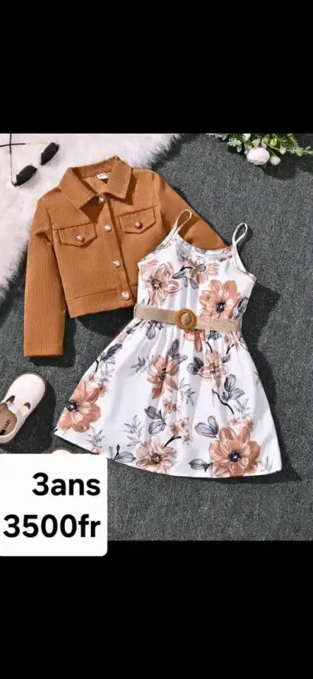 Ensemble fille robe fleurie + veste — Camel & Blanc | 3 ans