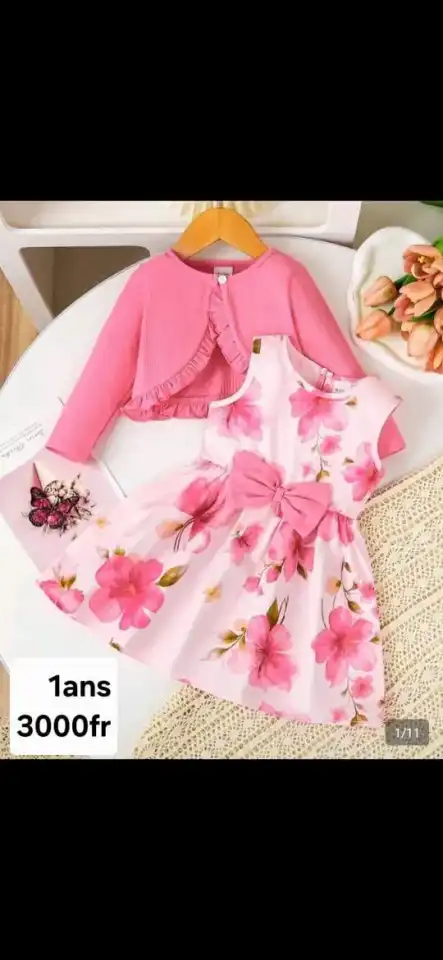 Ensemble bébé fille robe fleurie + bolero — Rose | 1 an