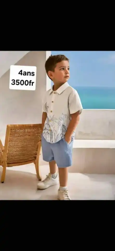 Ensemble garçon chemise + short — Blanc tropical & Bleu ciel | 4 ans