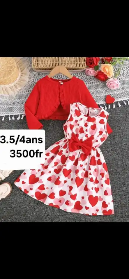 Ensemble fille robe + gilet — Cœurs Rouge & Blanc | 3.5/ 4 ans