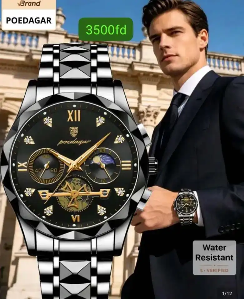 Élégante & masculine Montre Poedagar — Chronographe noir & or