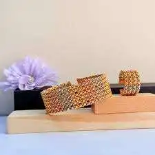 Parure bracelet & 2 bagues – Maille perlée dorée