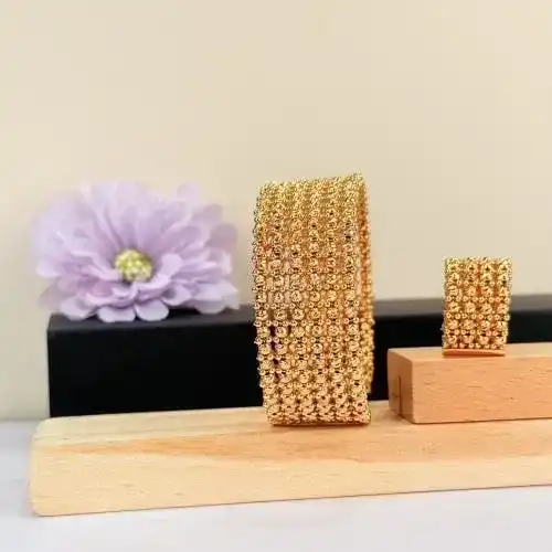 Parure bracelet & bague – Maille perlée dorée