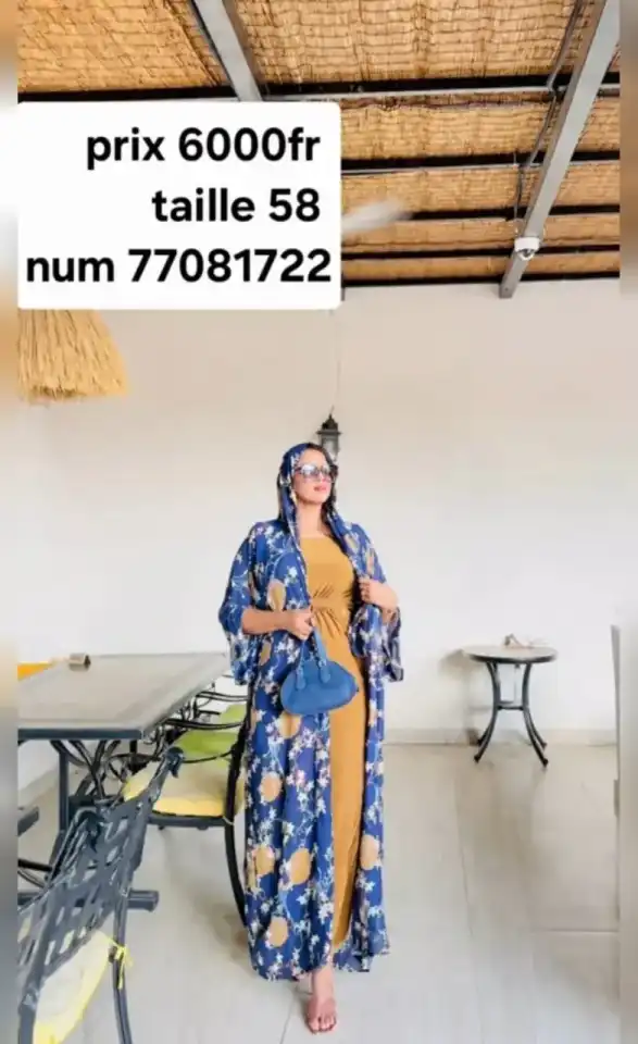 Ensemble robe + kimono fleuri — Moutarde & Bleu royal | Taille 58