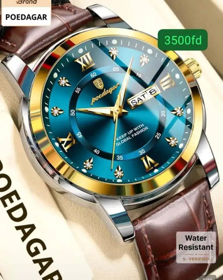 Montre Poedagar — Bleu & cuir marron
