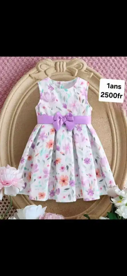 Robe bébé fille fleurie — Blanc & Lilas avec nœud | 1 an